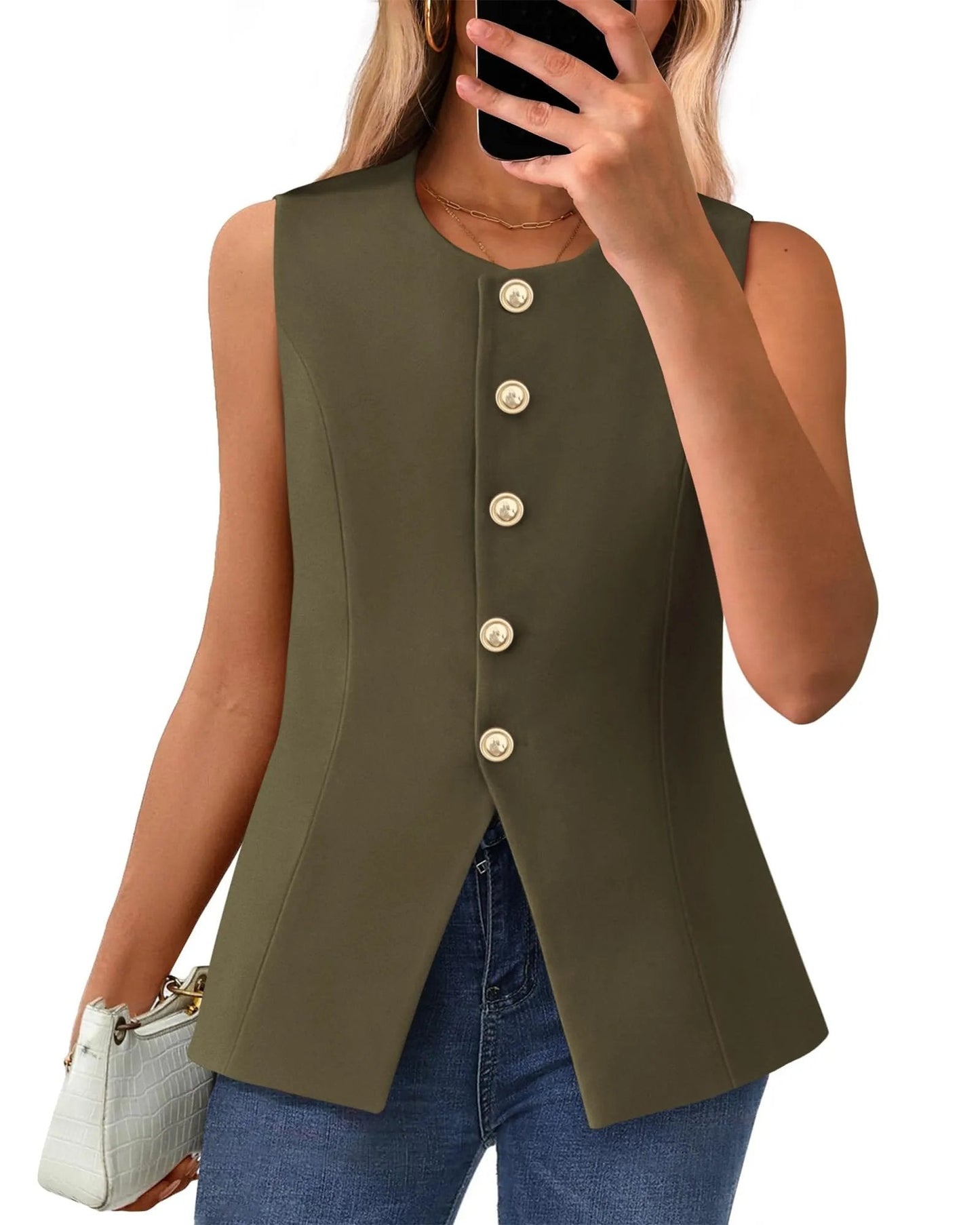 Women's Dressy Button Down Round Neck Sleeveless Blazer Vest