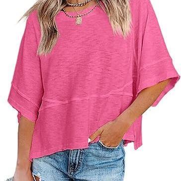 Summer 2026 Best Sellers Women's Summer Casual Crewneck Batwing Half Sleeve T-Shirts Solid Color Loose Fit Cute Basic Flowy Tops Tees Blouses