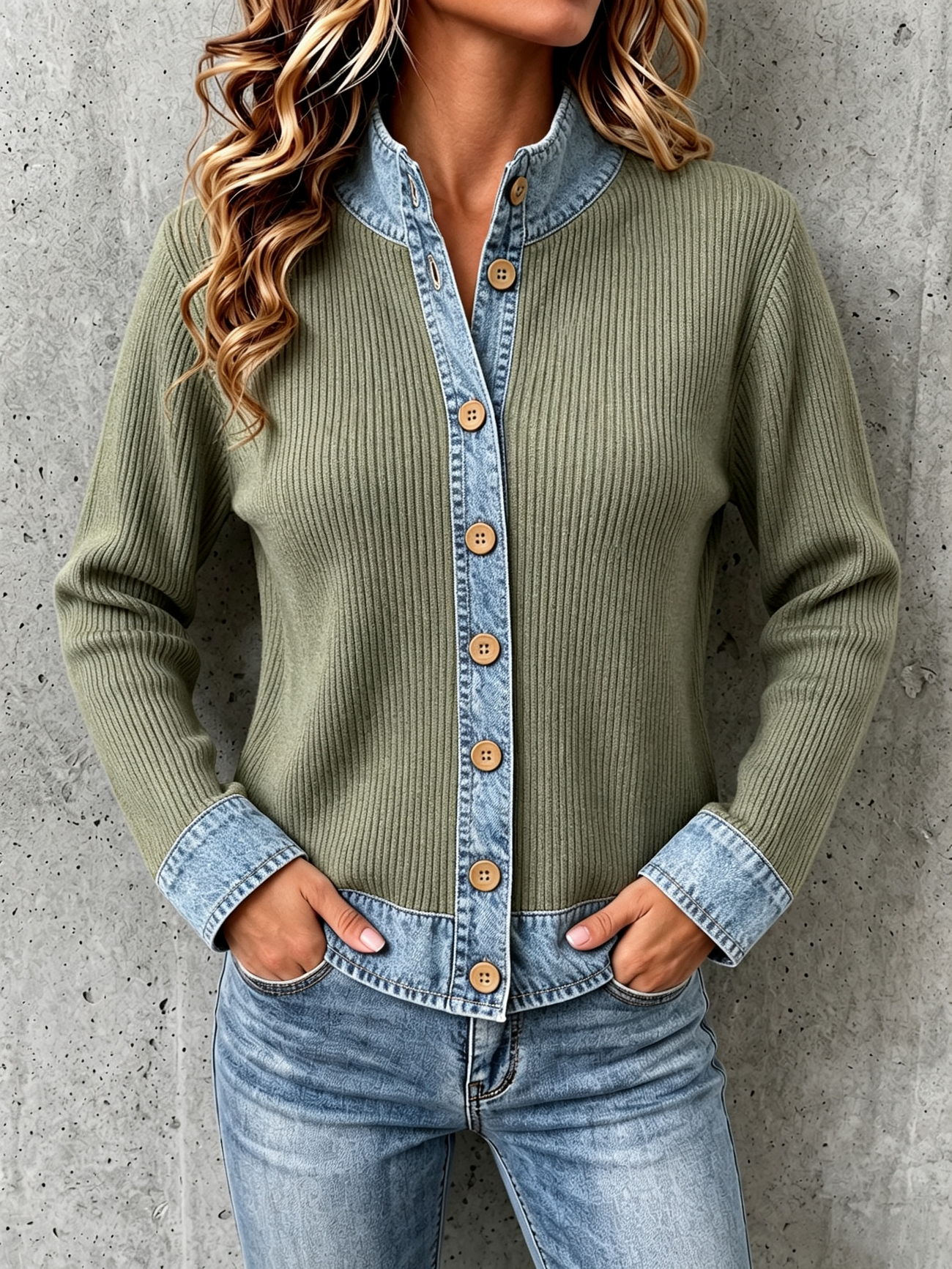 Green denim paneled knit cardigan