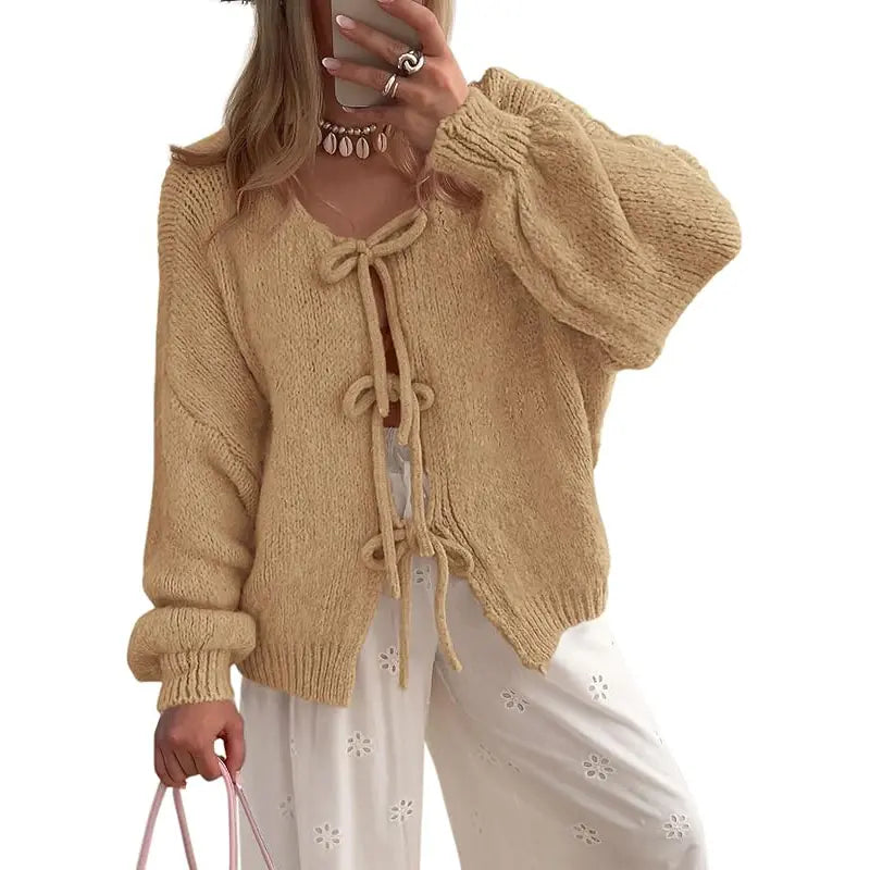 ✨✨Women's Tie Front Bow Cardigan Sweaters Chunky Knit Long Puff Sleeve Trendy Fall Winter Jacket Coats