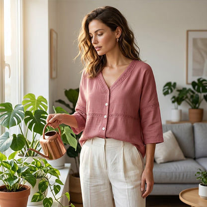 FLASH SALE: 60% OFF — Women's V-Neck Lace Trim Button-Down Blouse