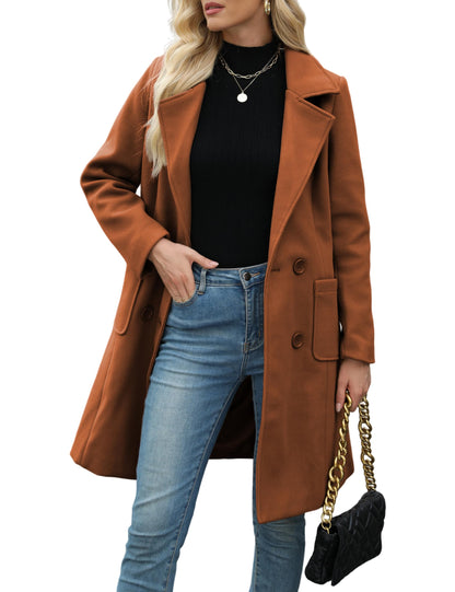 Hot Sale-Women Classic Lapel Double Breasted Mid-Length Overcoat Casual Fall Winter