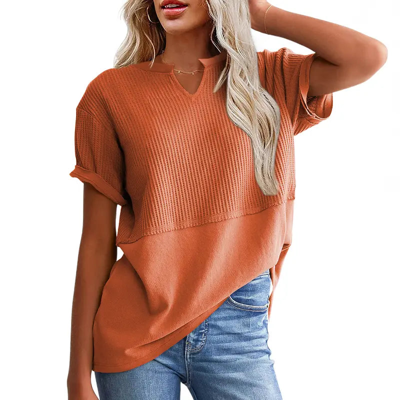 Women's Waffle Knit Casual V-Neck Short Sleeve Loose Fit Shirt