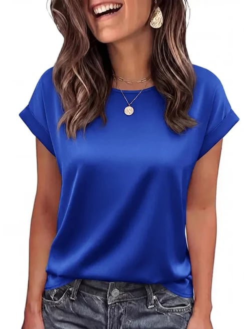 Women Loose Crew‐Neck Satin Short‐Sleeve Business Casual Summer Blouse