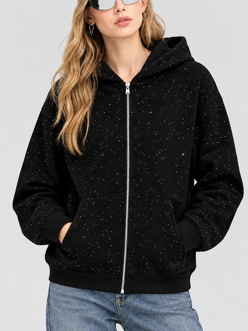 Hot Sale-Glitter Speckled Zip Up Hooded Jacket