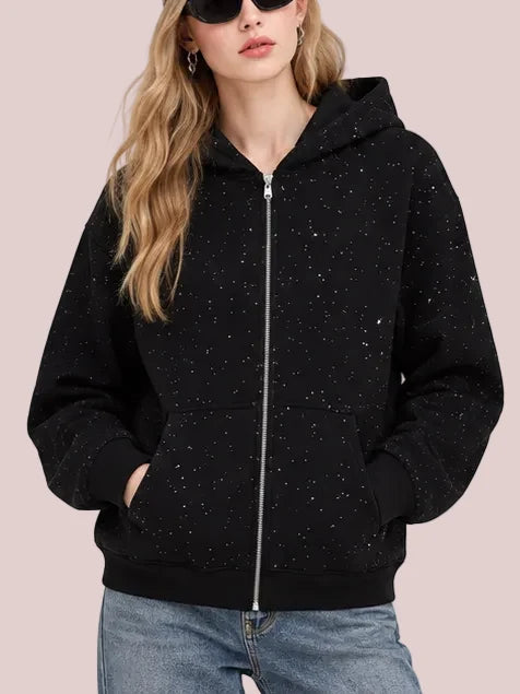 Hot Sale-Glitter Speckled Zip Up Hooded Jacket