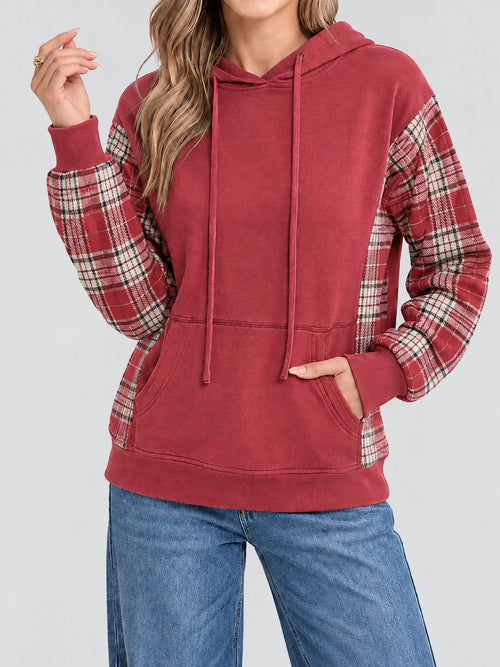 Women's Plaid Spliced Color Block Hoodie
