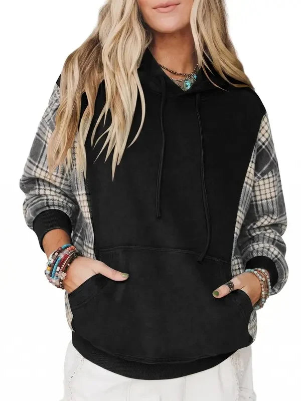 Women's Plaid Spliced Color Block Hoodie