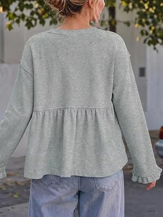 Women Crew Neck Ruffle Cuff Peplum Top