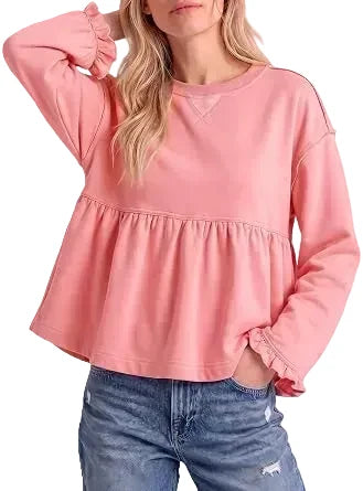 Women Crew Neck Ruffle Cuff Peplum Top