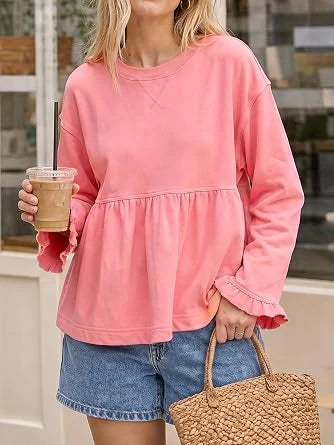 Women Crew Neck Ruffle Cuff Peplum Top