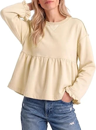 Women Crew Neck Ruffle Cuff Peplum Top