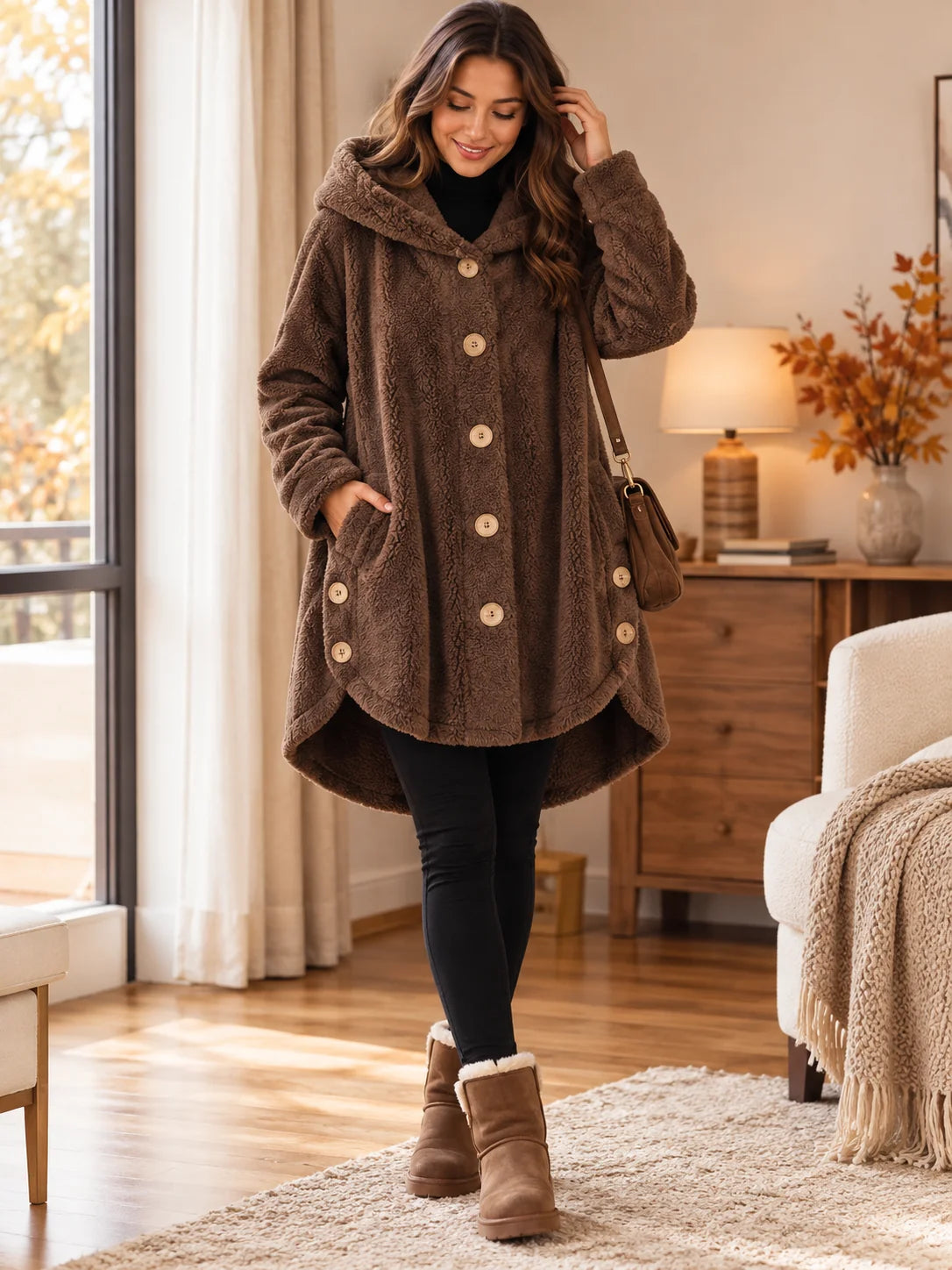 Women’s Cozy Plush Hooded High-Low Coat