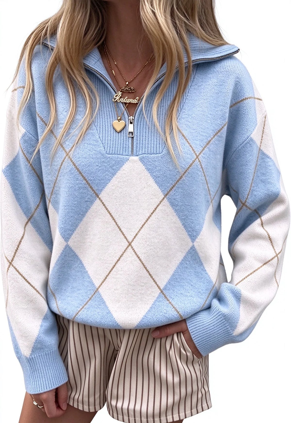Womens Quarter Zip Argyle Pullover Long Sleeve Top