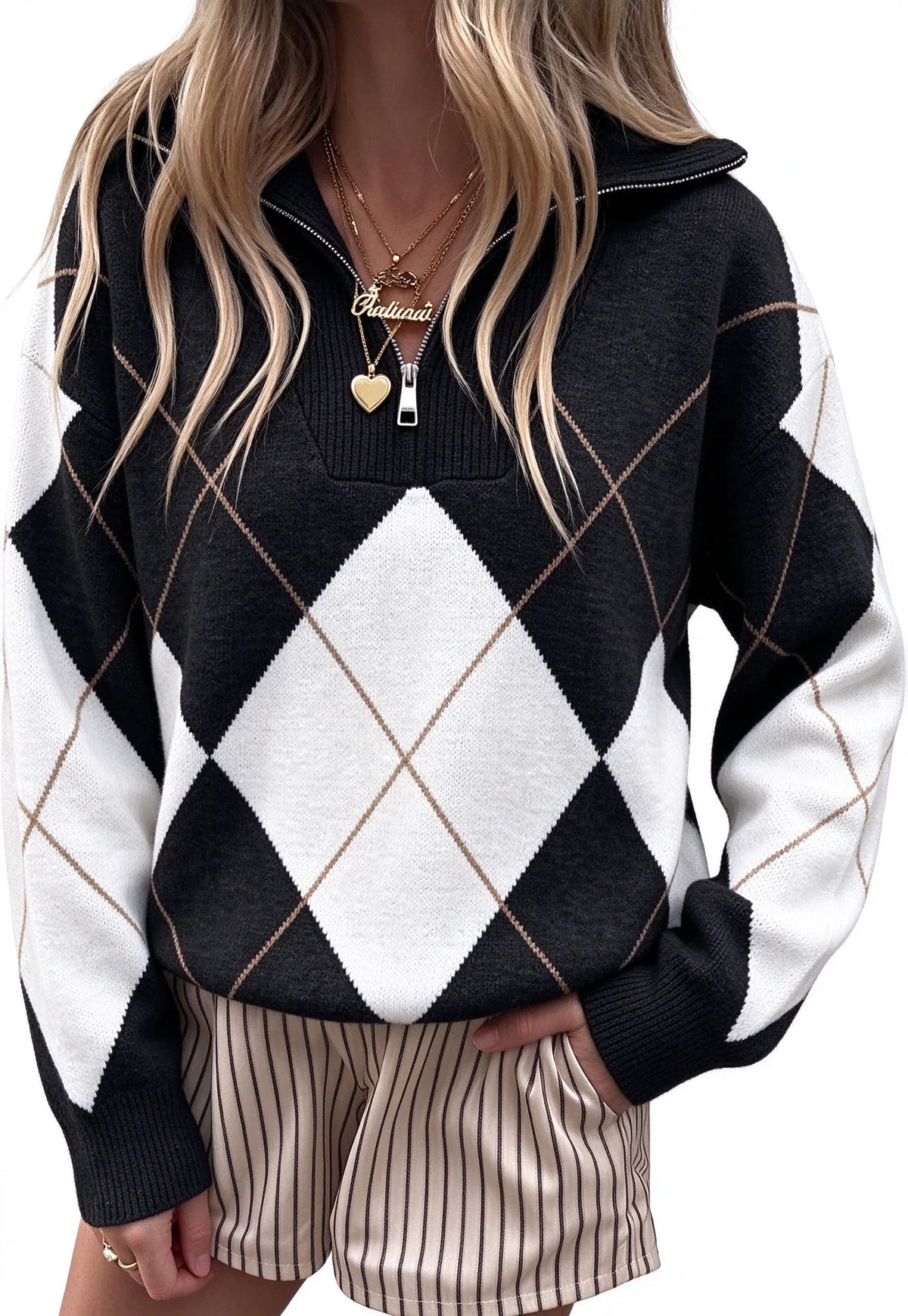 Womens Quarter Zip Argyle Pullover Long Sleeve Top