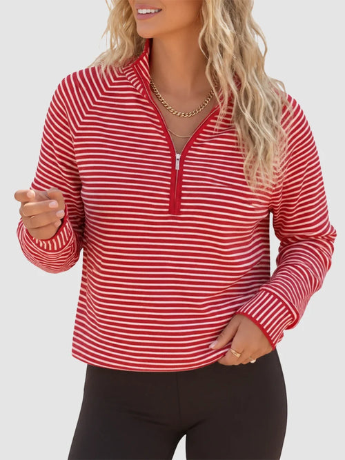 Hot Sale-Women's Striped Half Zip Stand Collar Cropped Pullover