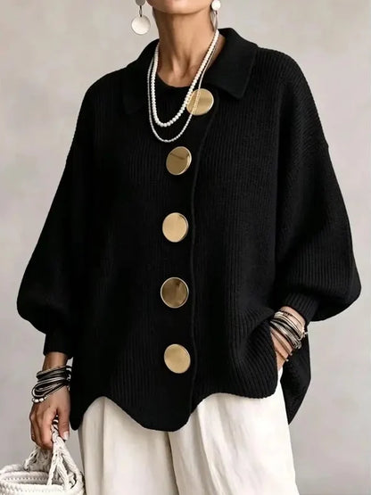 Women French Lapel Irregular Hem Lantern Sleeve Knit Cardigan