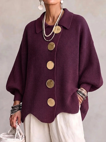 Women French Lapel Irregular Hem Lantern Sleeve Knit Cardigan