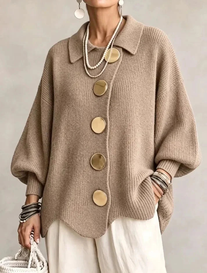 Women French Lapel Irregular Hem Lantern Sleeve Knit Cardigan