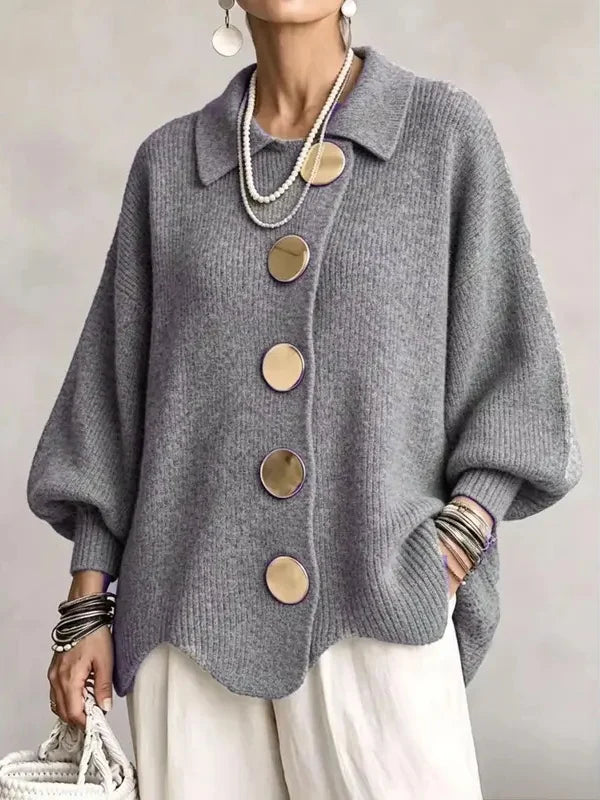 Women French Lapel Irregular Hem Lantern Sleeve Knit Cardigan