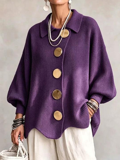 Women French Lapel Irregular Hem Lantern Sleeve Knit Cardigan