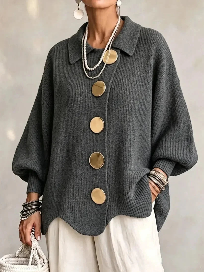 Women French Lapel Irregular Hem Lantern Sleeve Knit Cardigan
