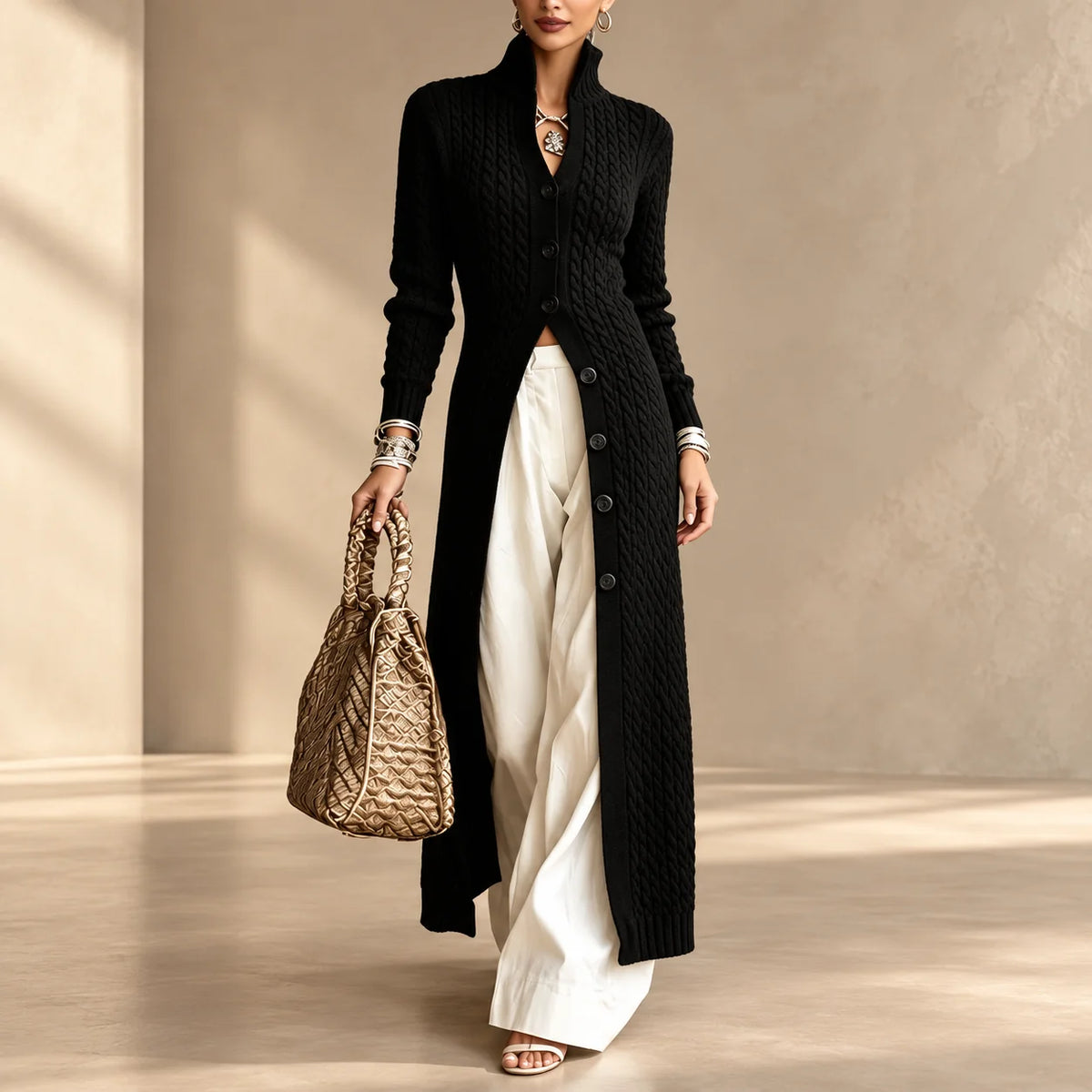Limited time sale🔥Women's Stand Collar Single Button Cable Knit Long Cardigan