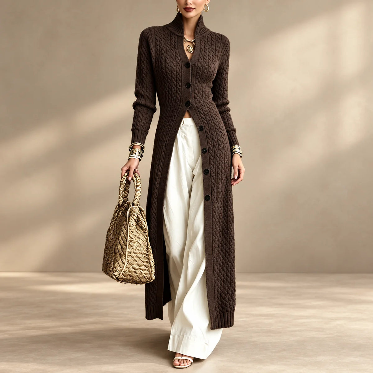 Limited time sale🔥Women's Stand Collar Single Button Cable Knit Long Cardigan