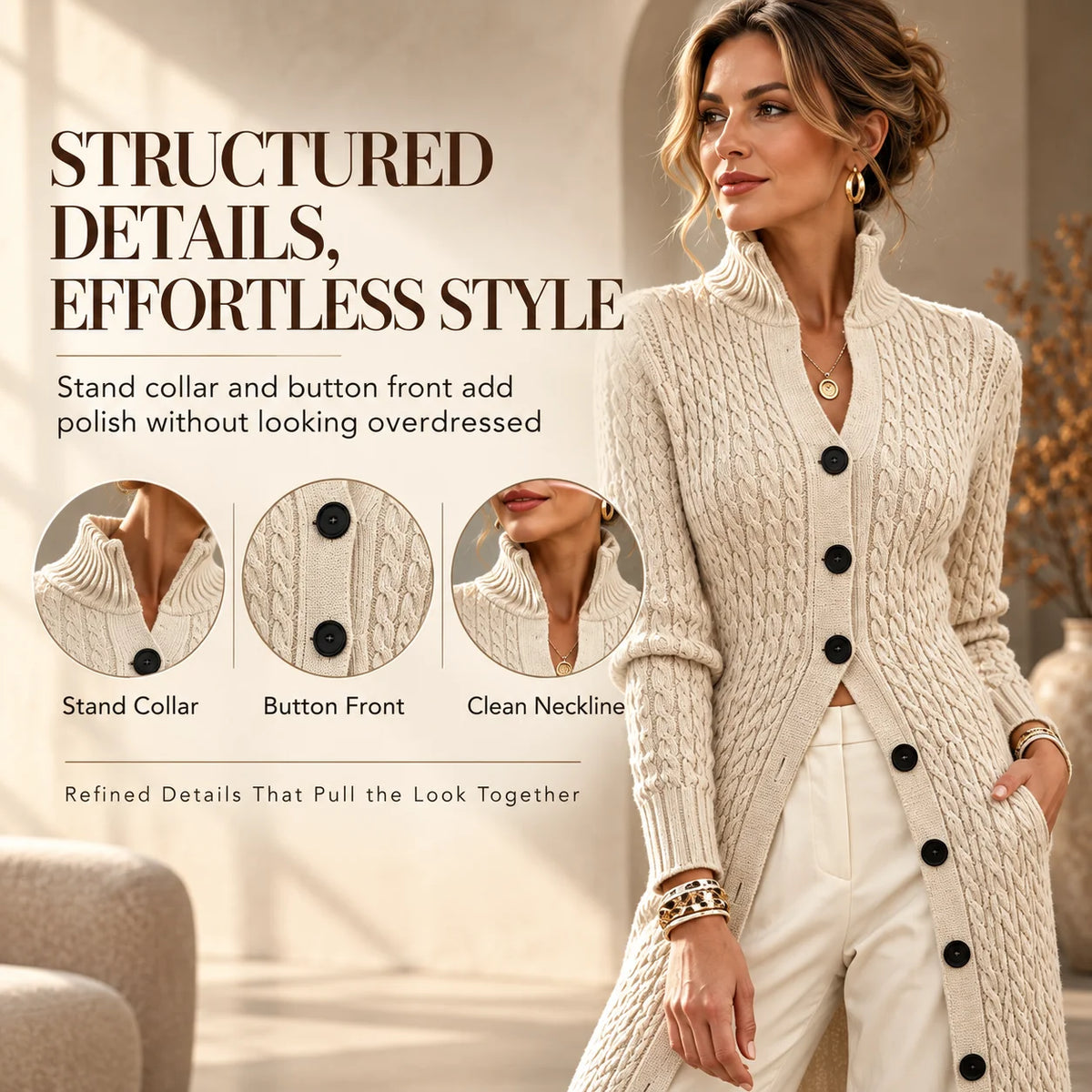 Limited time sale🔥Women's Stand Collar Single Button Cable Knit Long Cardigan