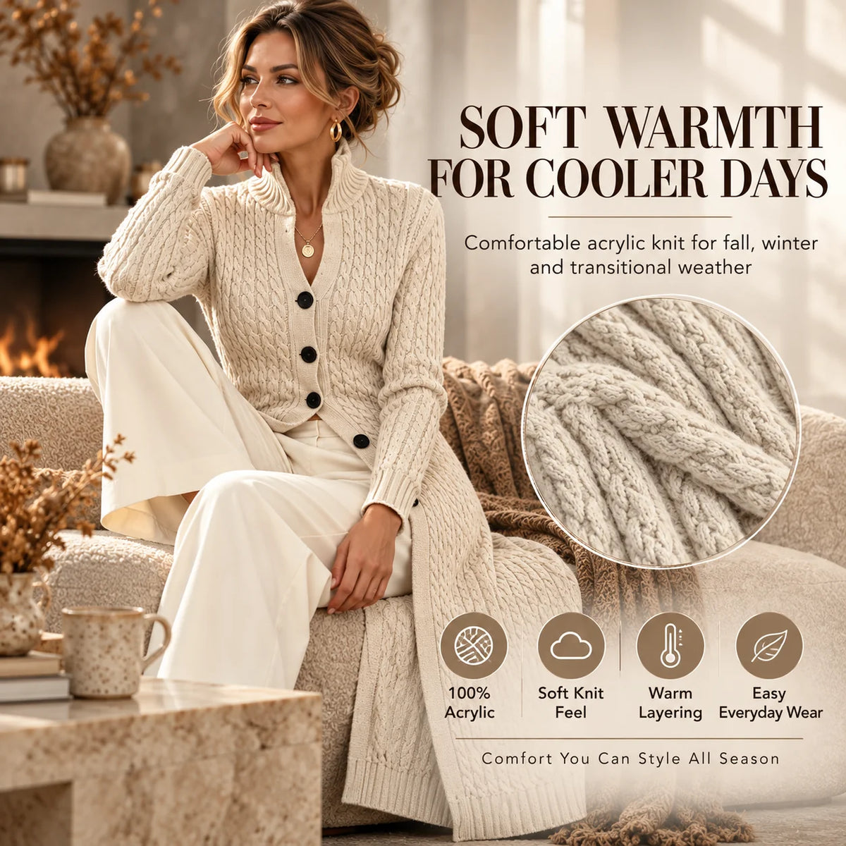 Limited time sale🔥Women's Stand Collar Single Button Cable Knit Long Cardigan