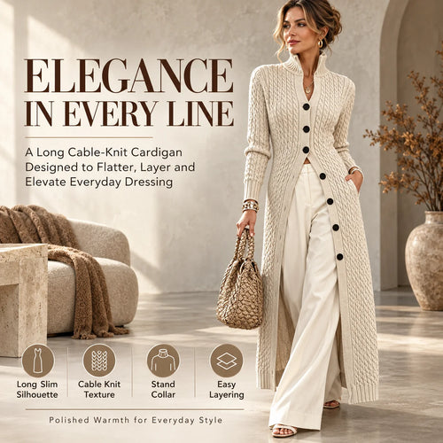 Limited time sale🔥Women's Stand Collar Single Button Cable Knit Long Cardigan
