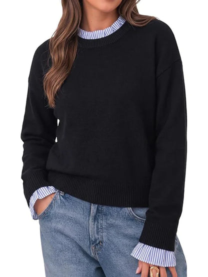 Mock Two-Piece Ruffle Trim Crew Neck Long Sleeve Top
