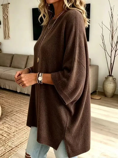 Women Round Neck Side Slit Oversized Batwing Sleeve Knit Top