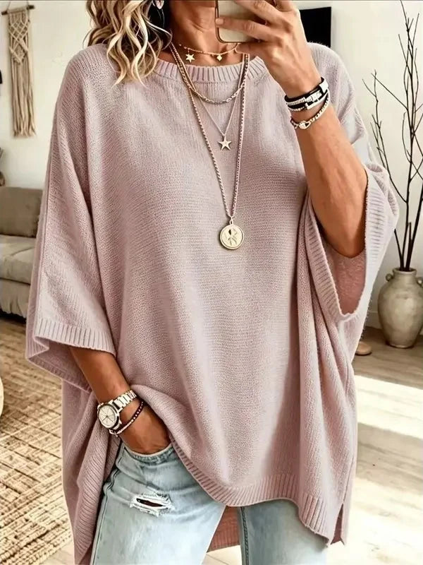 Women Round Neck Side Slit Oversized Batwing Sleeve Knit Top