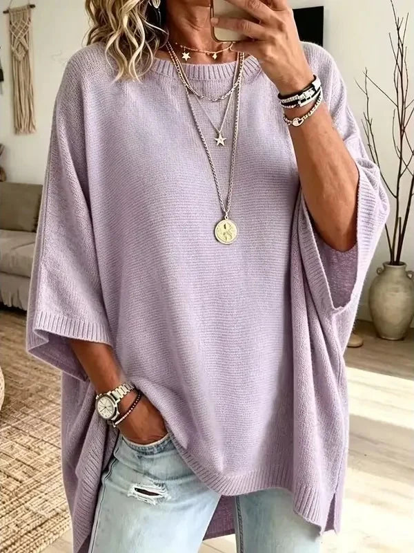 Women Round Neck Side Slit Oversized Batwing Sleeve Knit Top