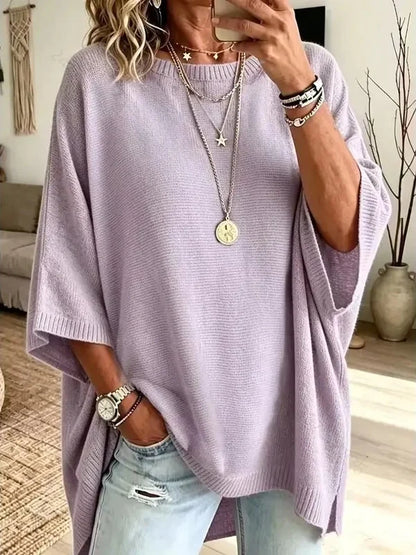 Women Round Neck Side Slit Oversized Batwing Sleeve Knit Top