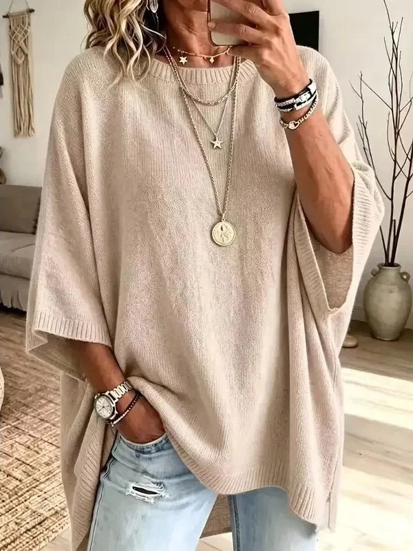 Women Round Neck Side Slit Oversized Batwing Sleeve Knit Top