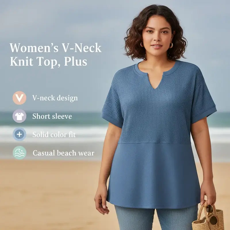 Women's Waffle Knit Casual V-Neck Short Sleeve Loose Fit Shirt
