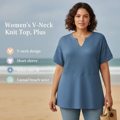 Women's Waffle Knit Casual V-Neck Short Sleeve Loose Fit Shirt