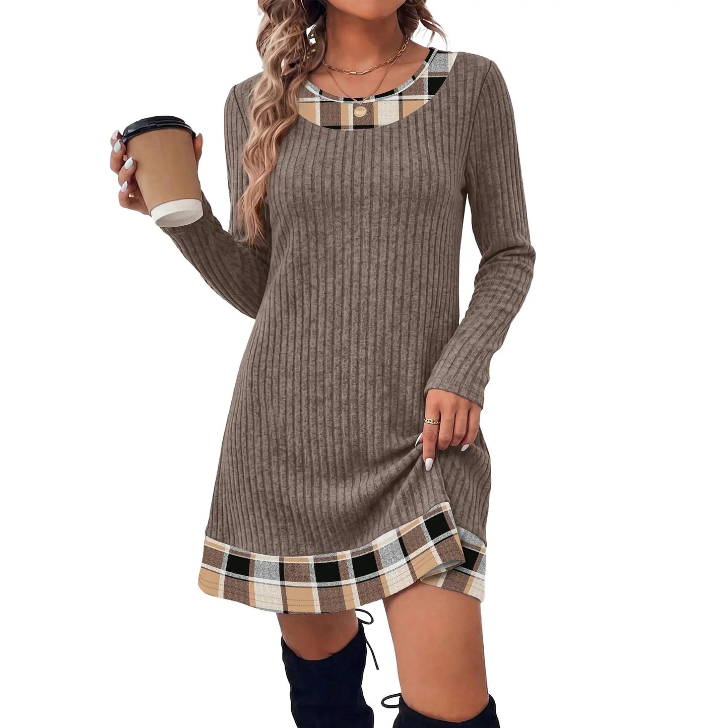 Brown plaid trim dress