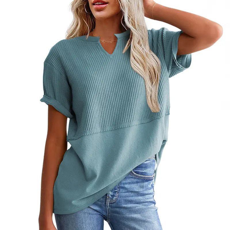 Women's Waffle Knit Casual V-Neck Short Sleeve Loose Fit Shirt