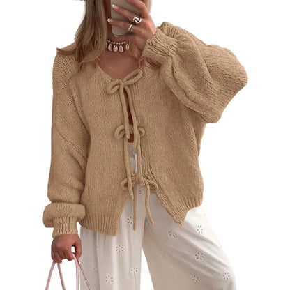 ✨✨Women's Tie Front Bow Cardigan Sweaters Chunky Knit Long Puff Sleeve Trendy Fall Winter Jacket Coats