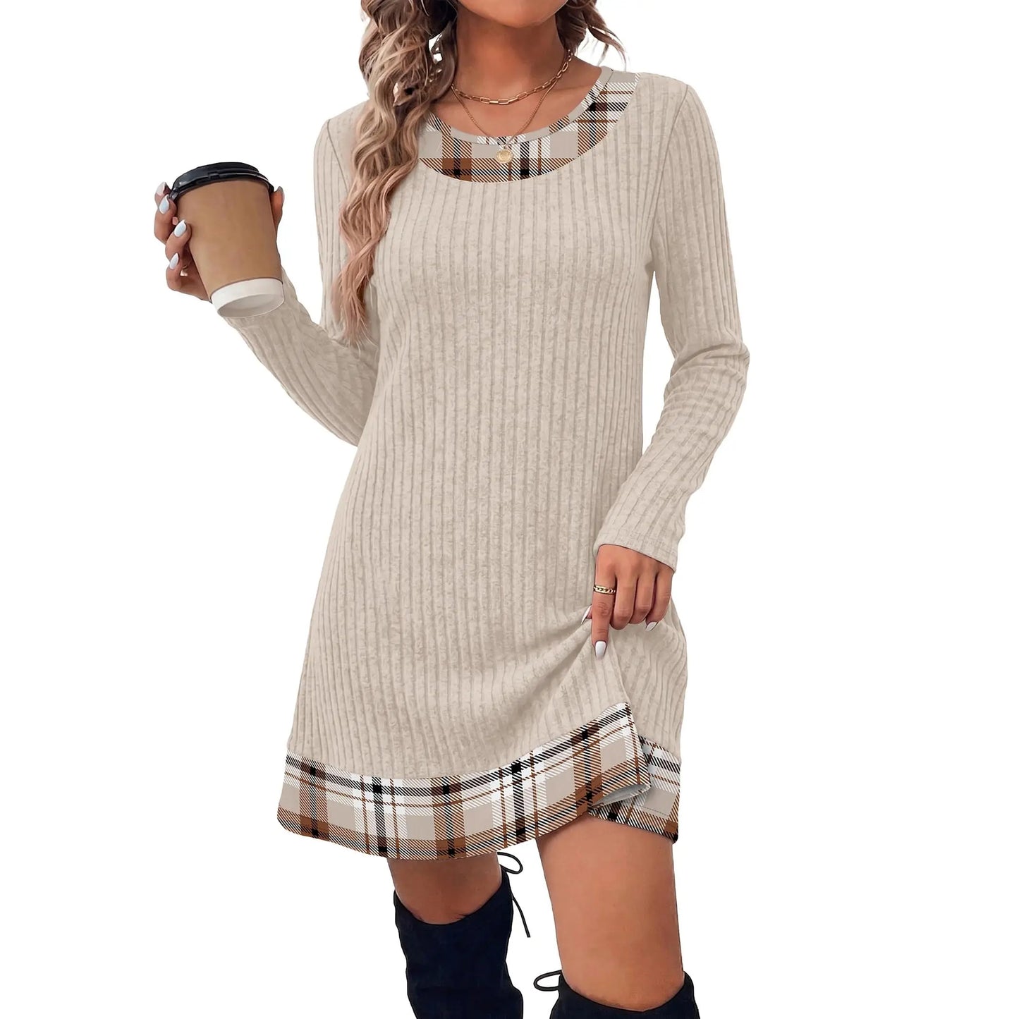 Fashion Fall Dresses for Women 2026 Long Sleeve Sweater Dress Color Block | Side Pockets, Ribbed, Lightweight, Winter Clothing, Loose Fit