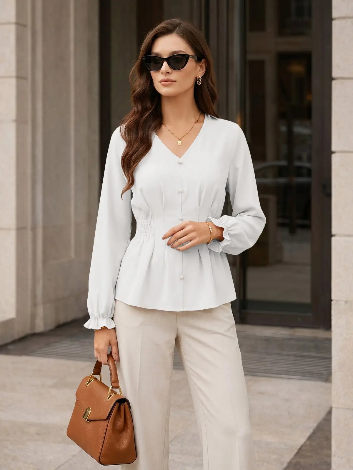 White fitted V neck blouse styled with neutral trousers