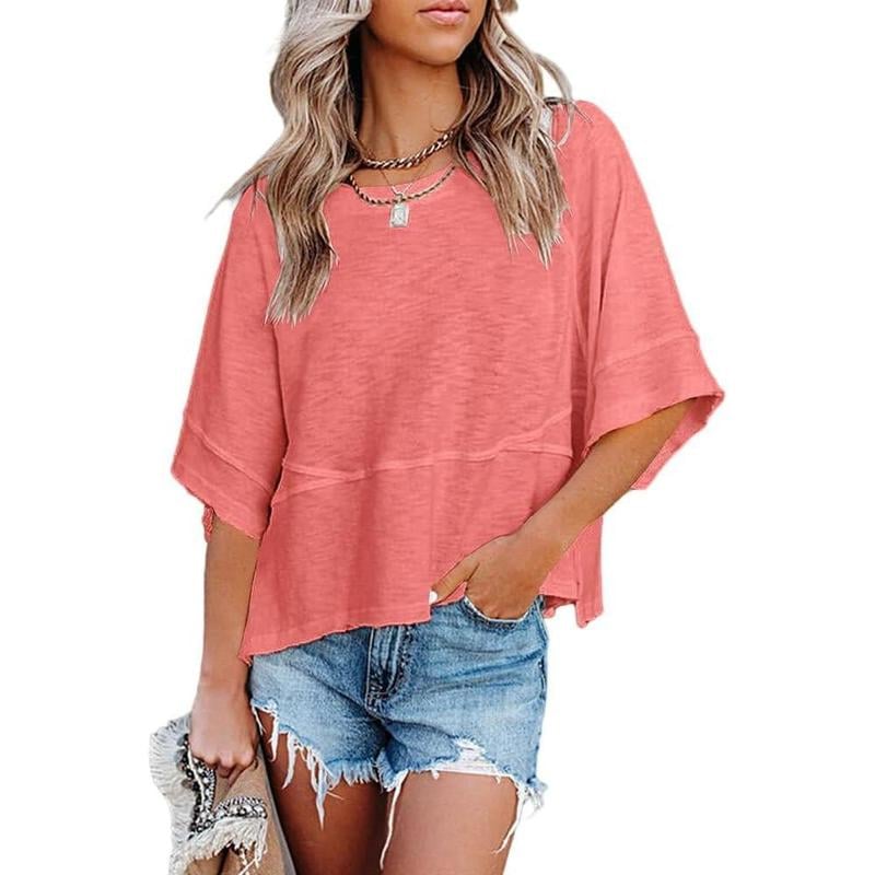 Summer 2026 Best Sellers Women's Summer Casual Crewneck Batwing Half Sleeve T-Shirts Solid Color Loose Fit Cute Basic Flowy Tops Tees Blouses