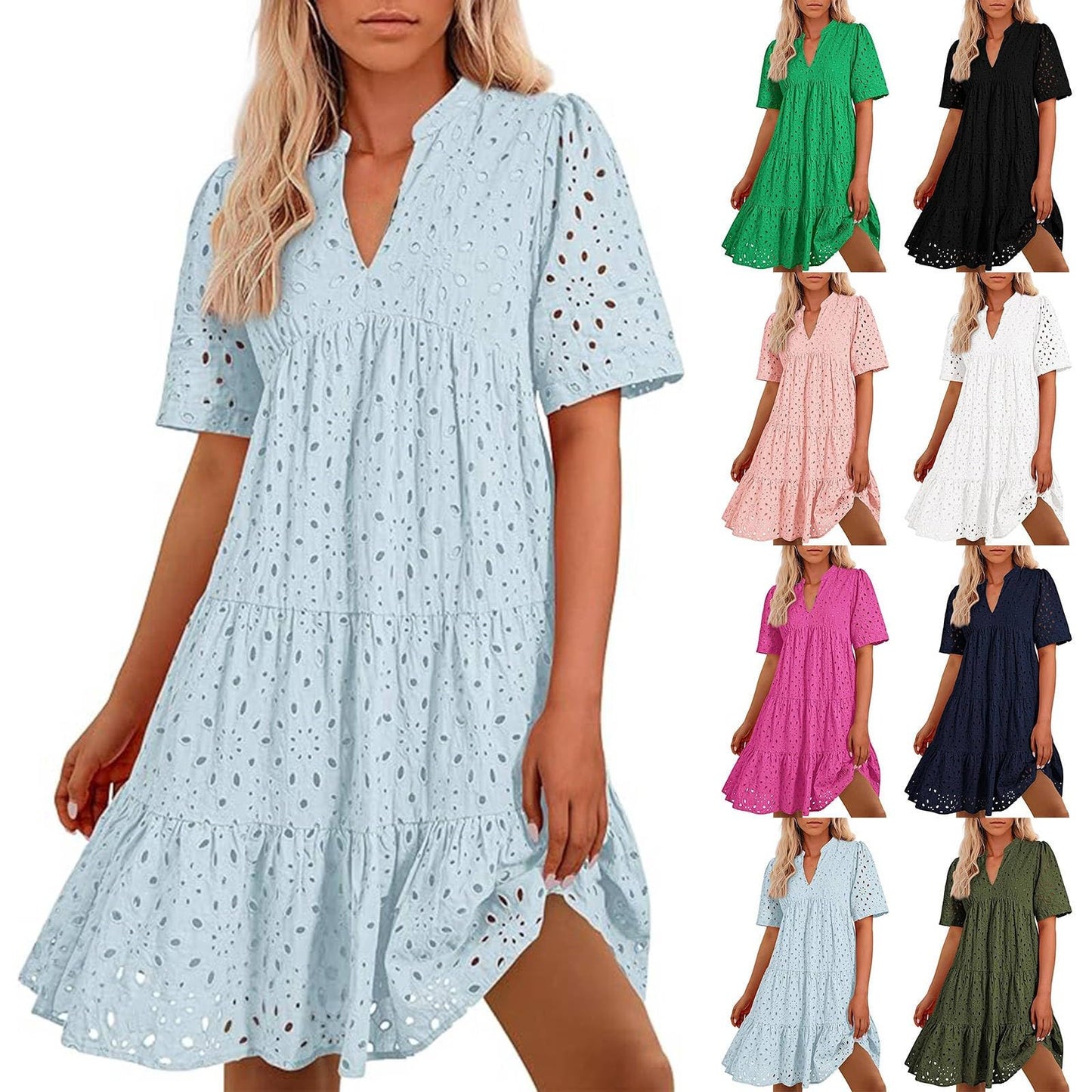 2026 Women’s 100% Cotton Eyelet Embroidery V‑Neck Tiered A‑Line Mini Dress, Short Sleeve Loose Flowy Casual Summer Dress, Plus Size S‑3XL for Vacation Dating