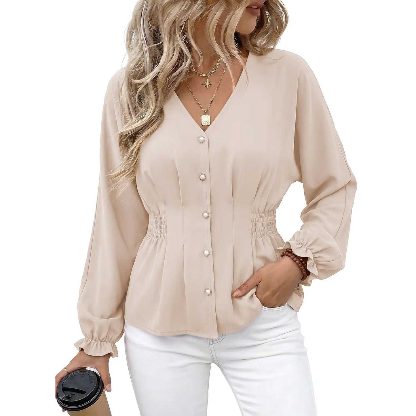Women V Neck Smocked Waist Button Down Long Sleeve Blouse