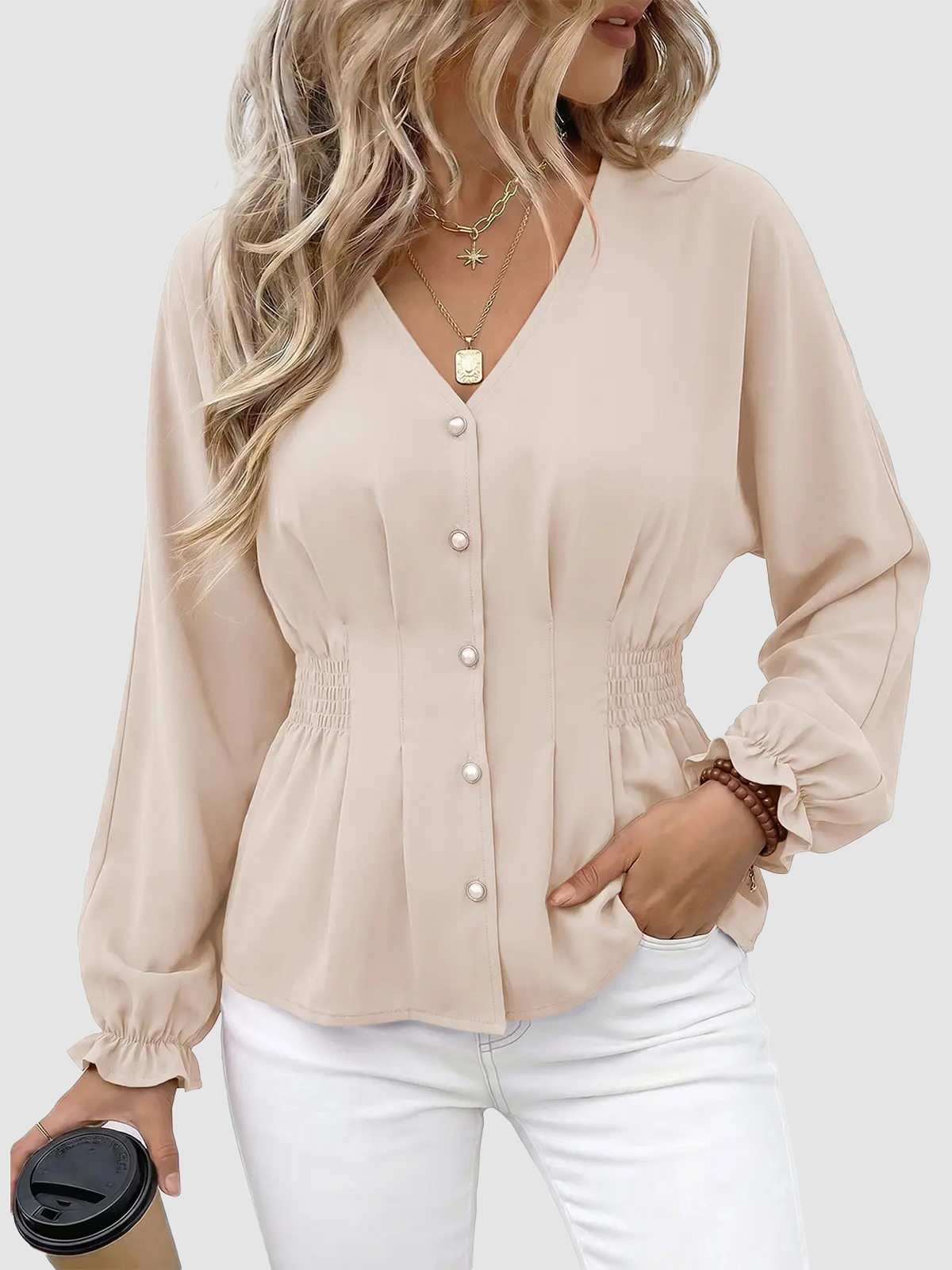Women V Neck Smocked Waist Button Down Long Sleeve Blouse