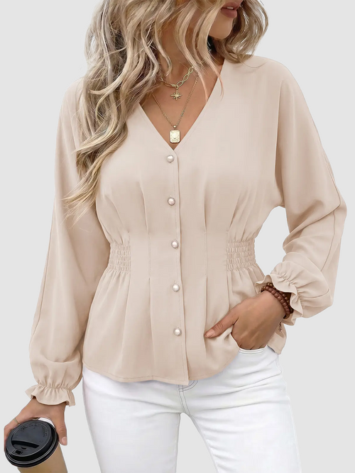 Women V Neck Smocked Waist Button Down Long Sleeve Blouse