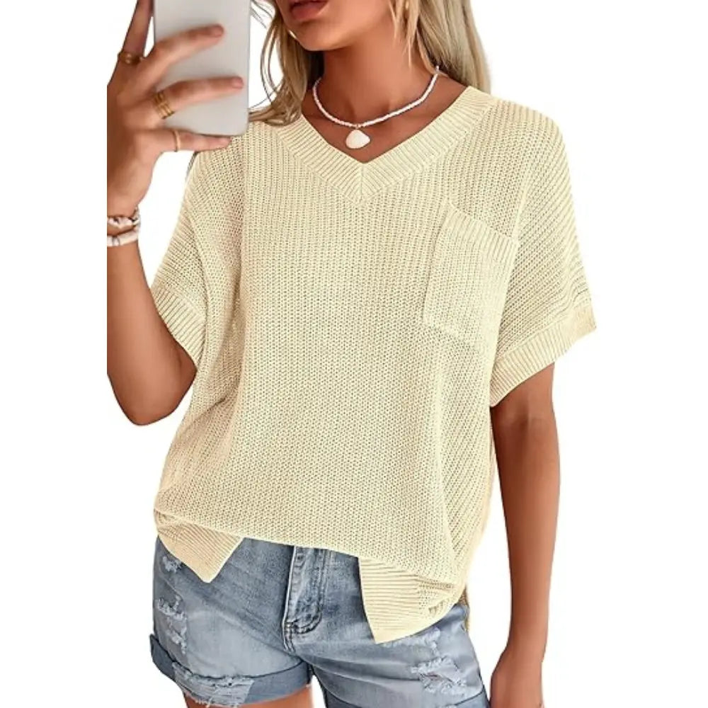 Women Loose V Neck Pocket Short Sleeve Knit Top